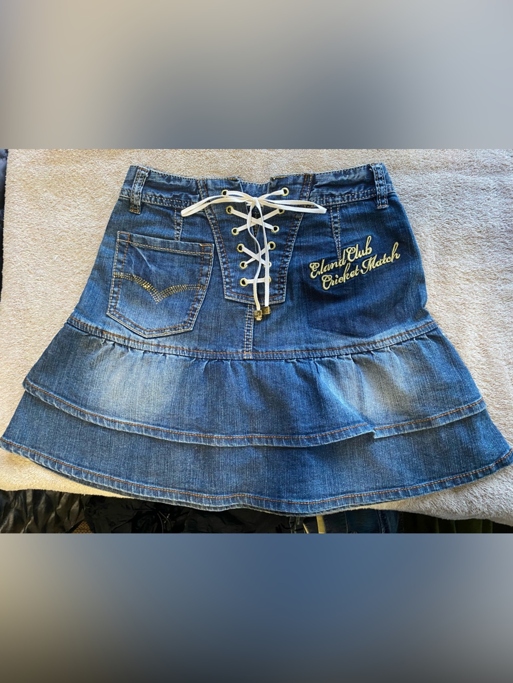 Vintage Eland Tiered Denim Mini Skirt Y2K Ruffle Boho Jean Skirt tie up small
